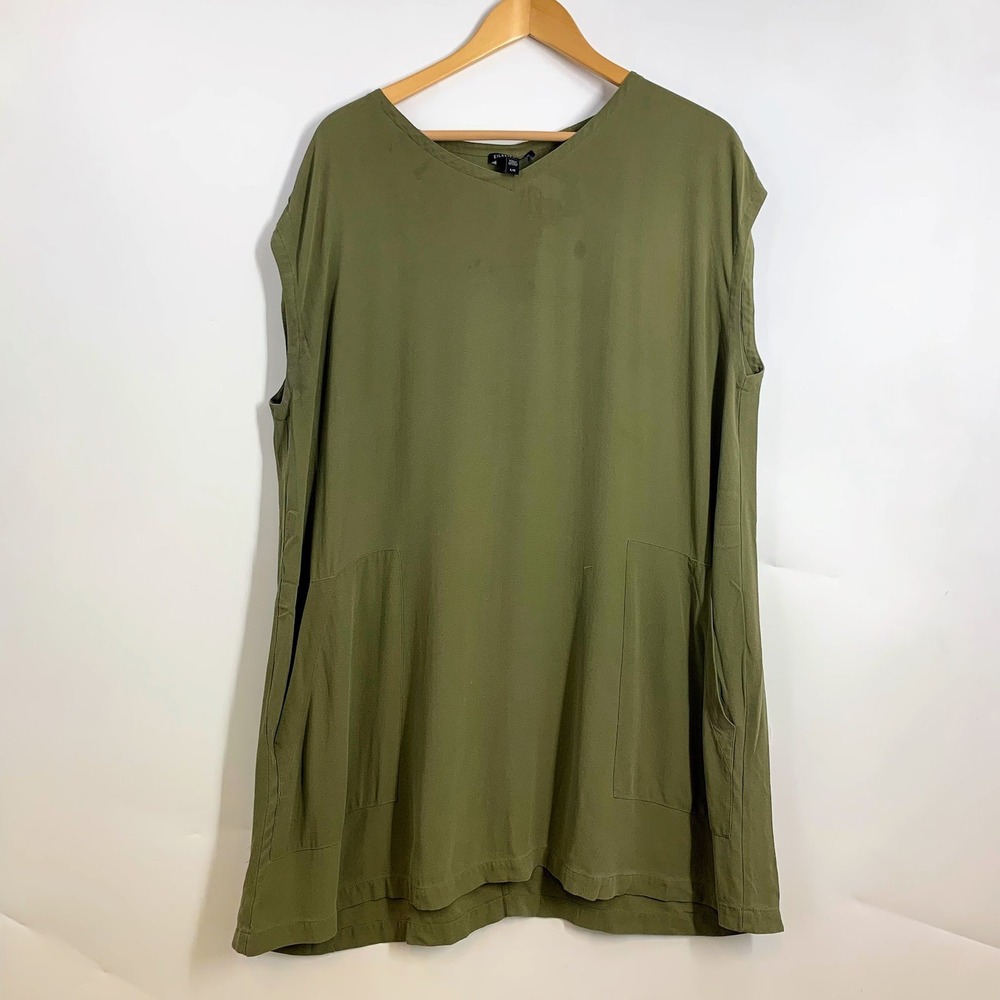 EILEEN FISHER Olive Green V Neck Sleeveless Tunic Dress Pockets Size L G